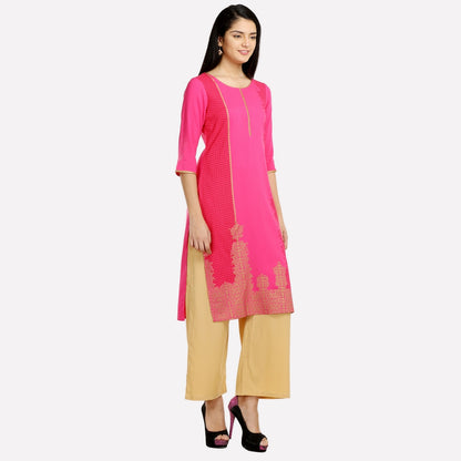 Pink Round Neck Printed 3/4 Sleeve kurta