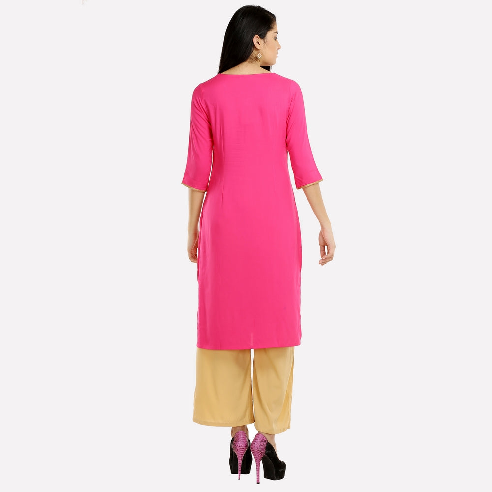 Pink Round Neck Printed 3/4 Sleeve kurta