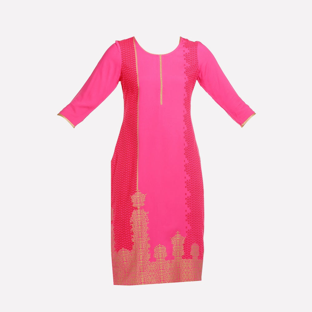 Pink Round Neck Printed 3/4 Sleeve kurta