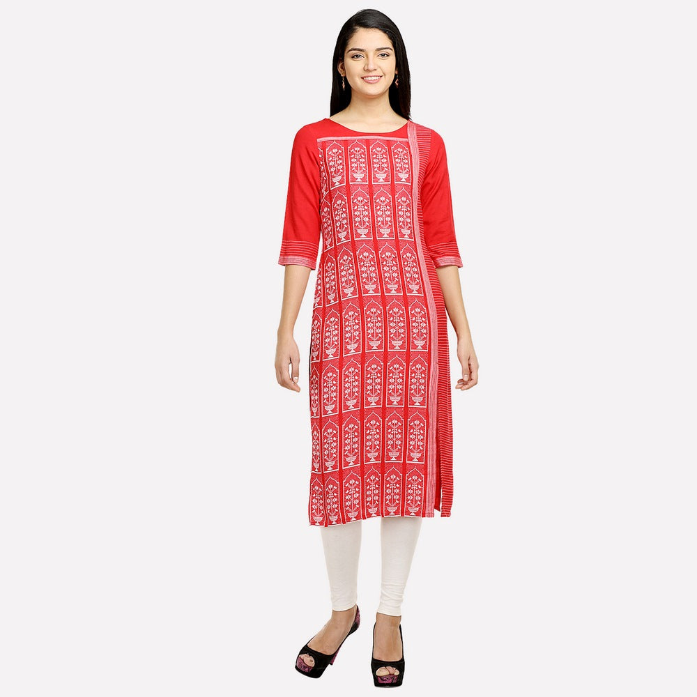 Red Round Neck Printed kurta