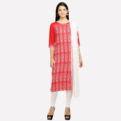 Red Round Neck Printed kurta