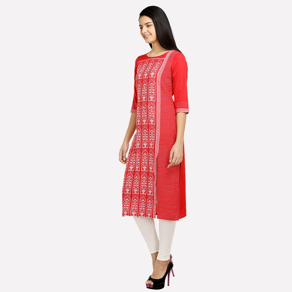 Red Round Neck Printed kurta