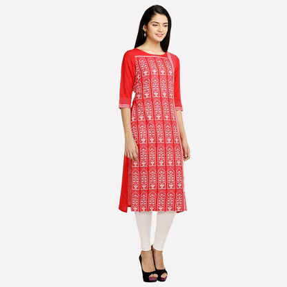 Red Round Neck Printed kurta