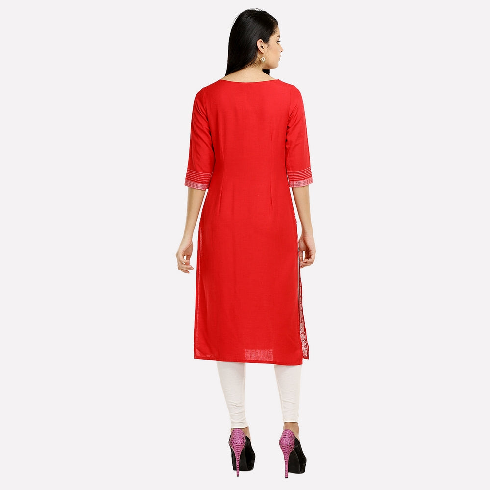 Red Round Neck Printed kurta