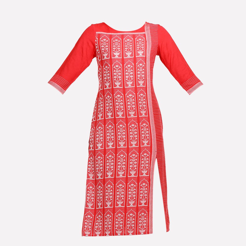 Red Round Neck Printed kurta