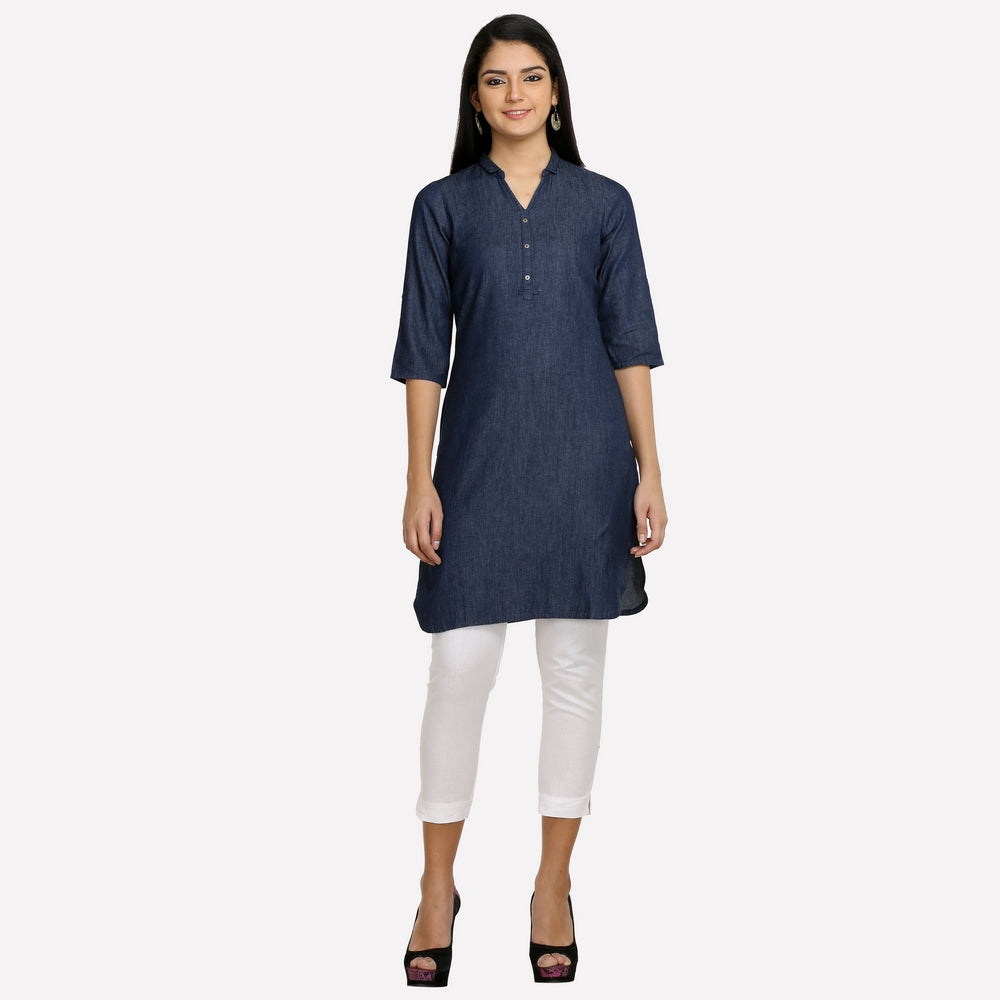 Navy Blue Collar Neck 3/4 Sleeve Denim kurta