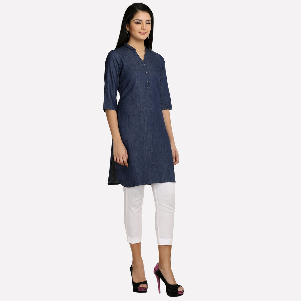 Navy Blue Collar Neck 3/4 Sleeve Denim kurta