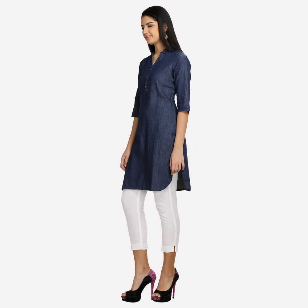 Navy Blue Collar Neck 3/4 Sleeve Denim kurta