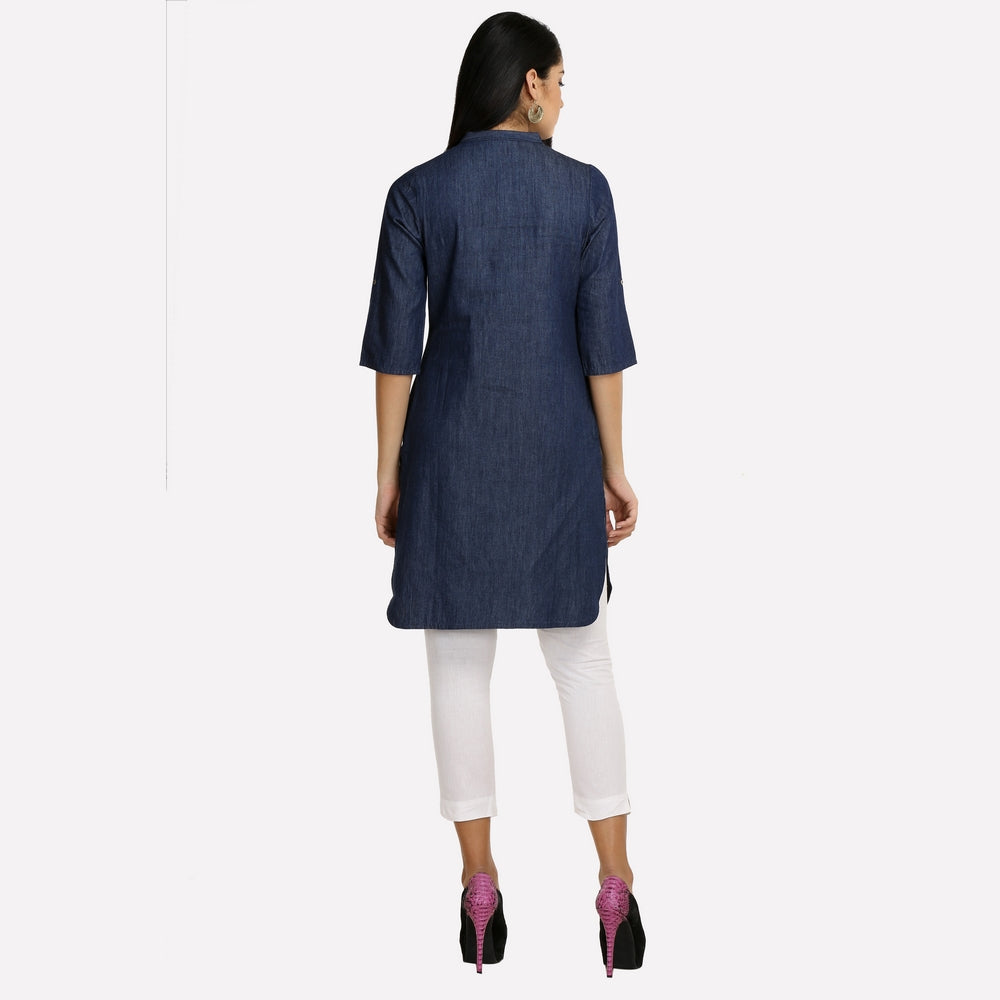 Navy Blue Collar Neck 3/4 Sleeve Denim kurta