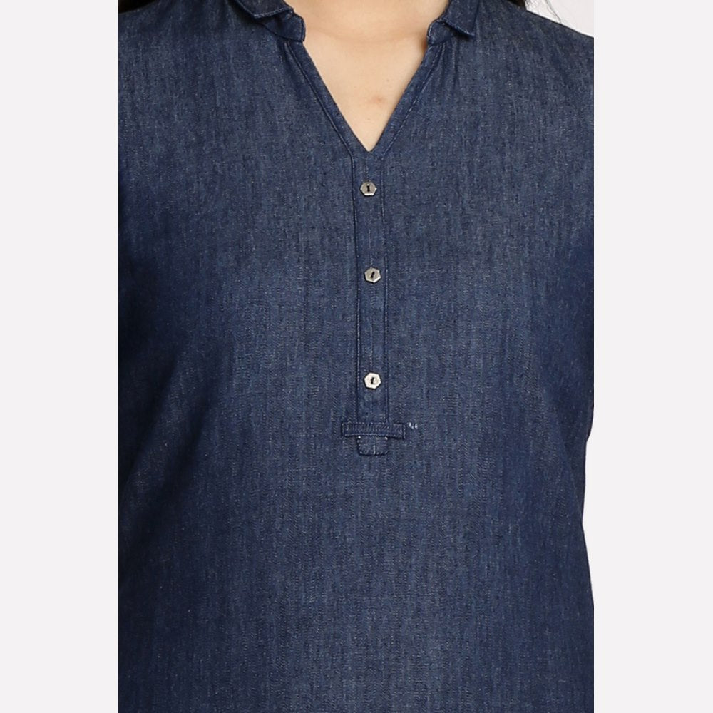 Buy Navy Blue Collar Neck 3/4 Sleeve Denim kurta Online for Woman