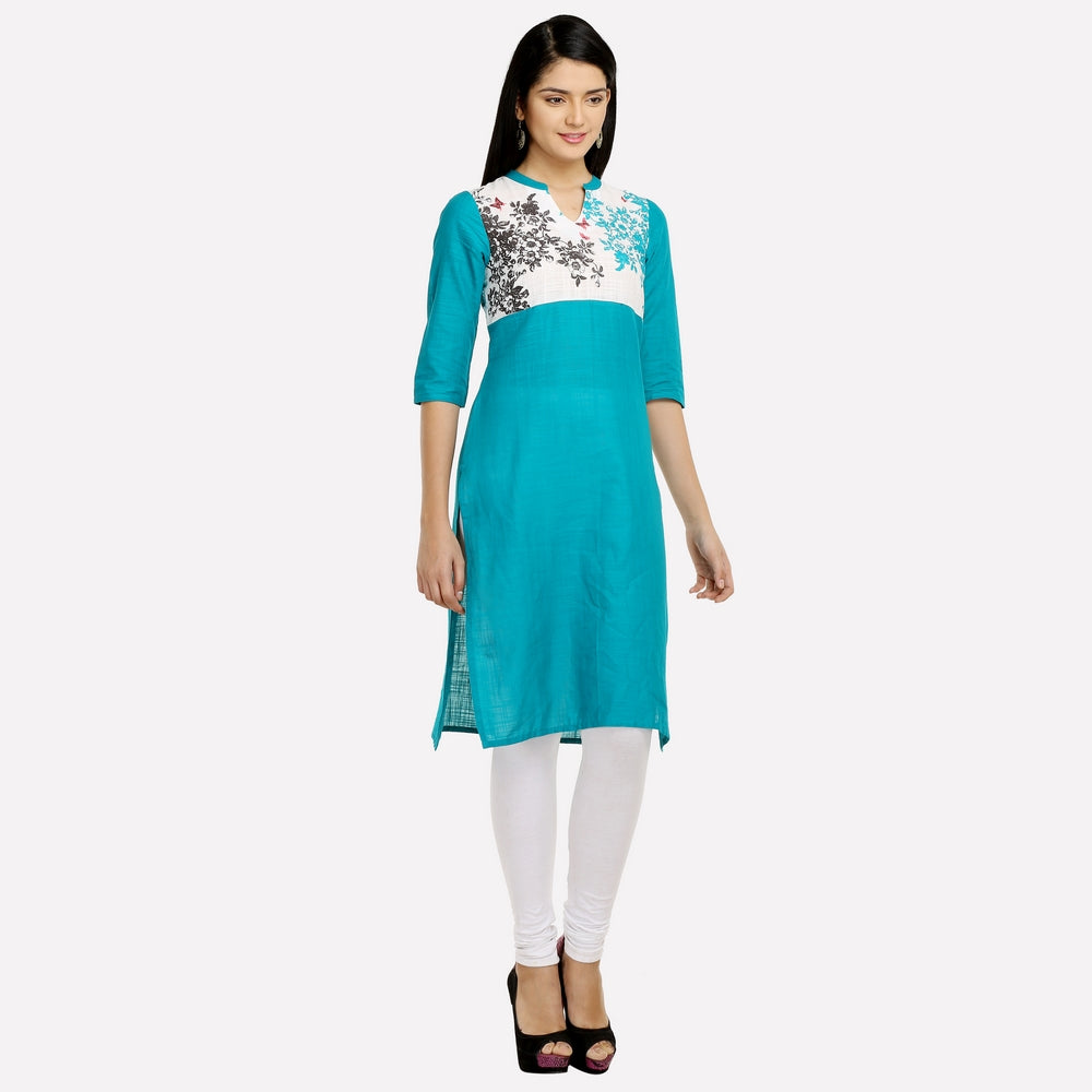 Blue Floral Print 3/4 Sleeve kurta
