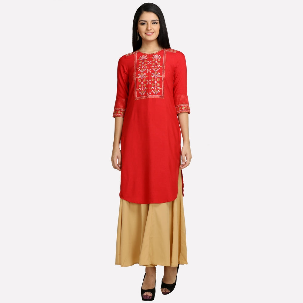 Red Round Neck Printed kurta