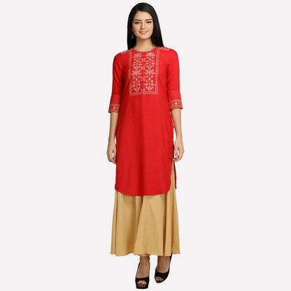 Red Round Neck Printed kurta