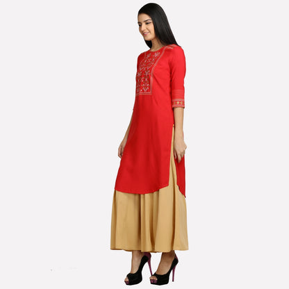 Red Round Neck Printed kurta