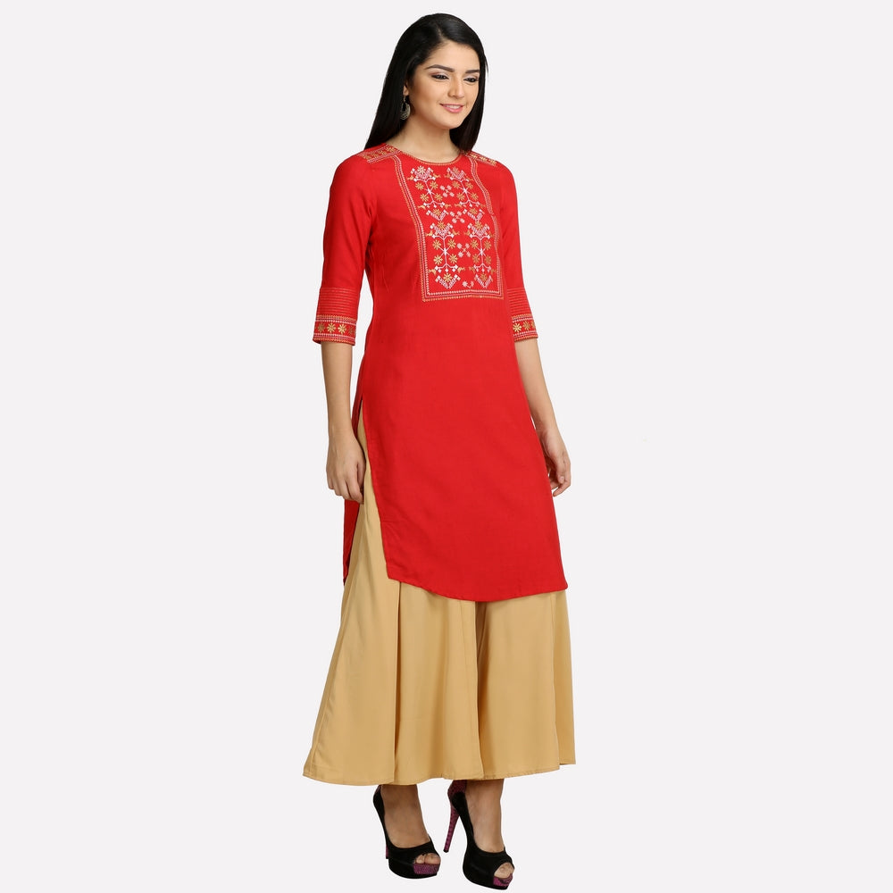 Red Round Neck Printed kurta