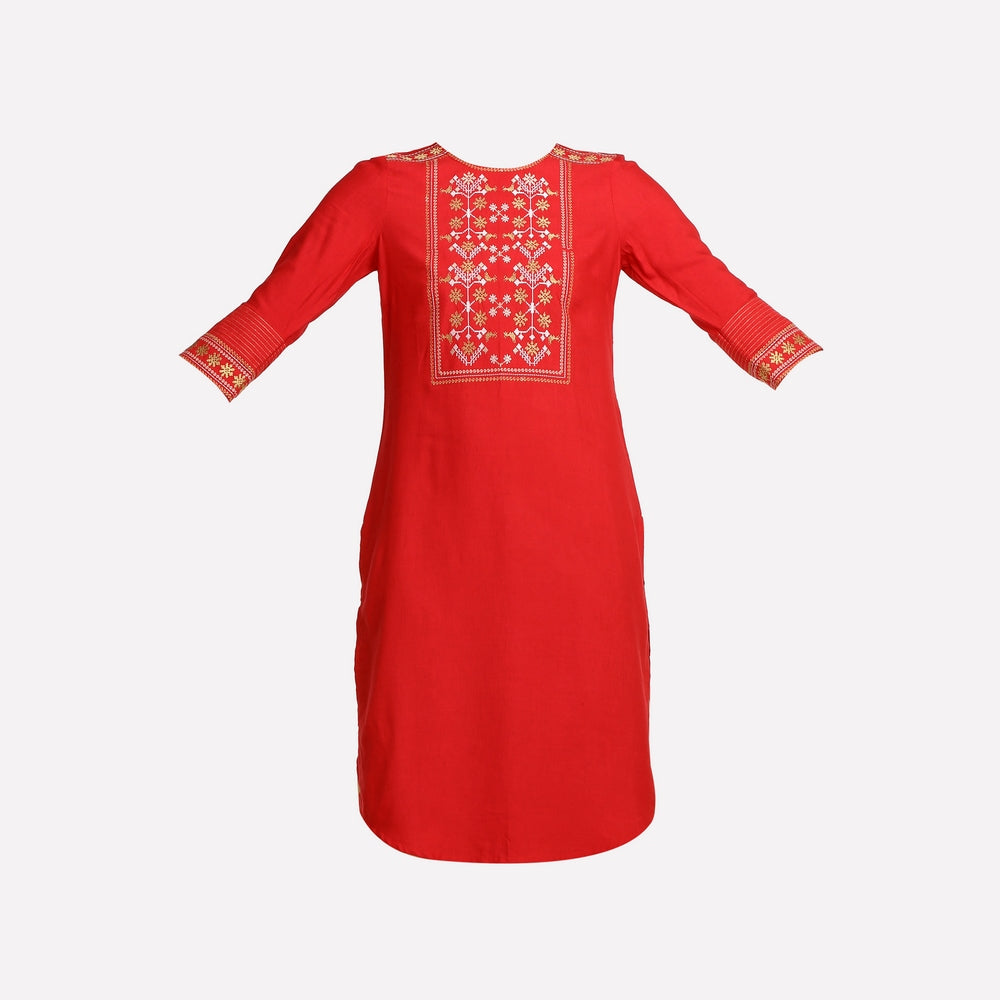 Red Round Neck Printed kurta