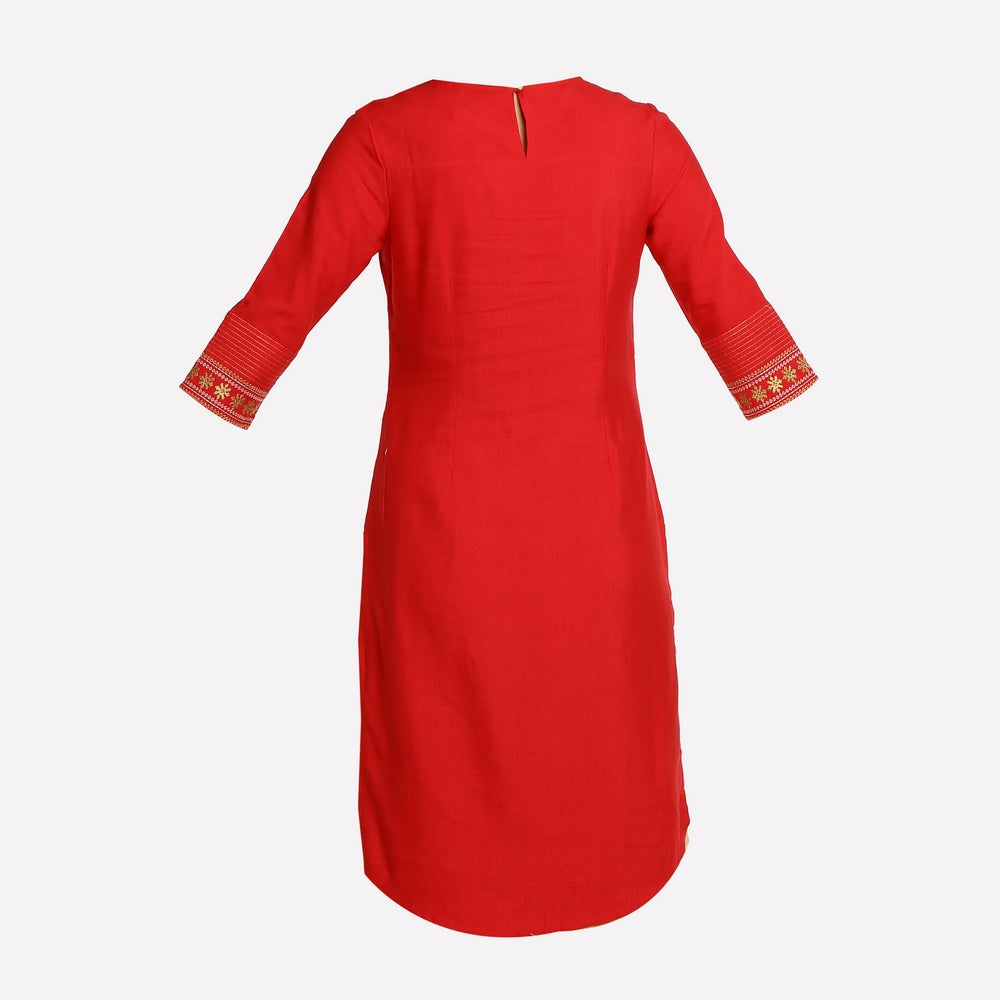 Red Round Neck Printed kurta