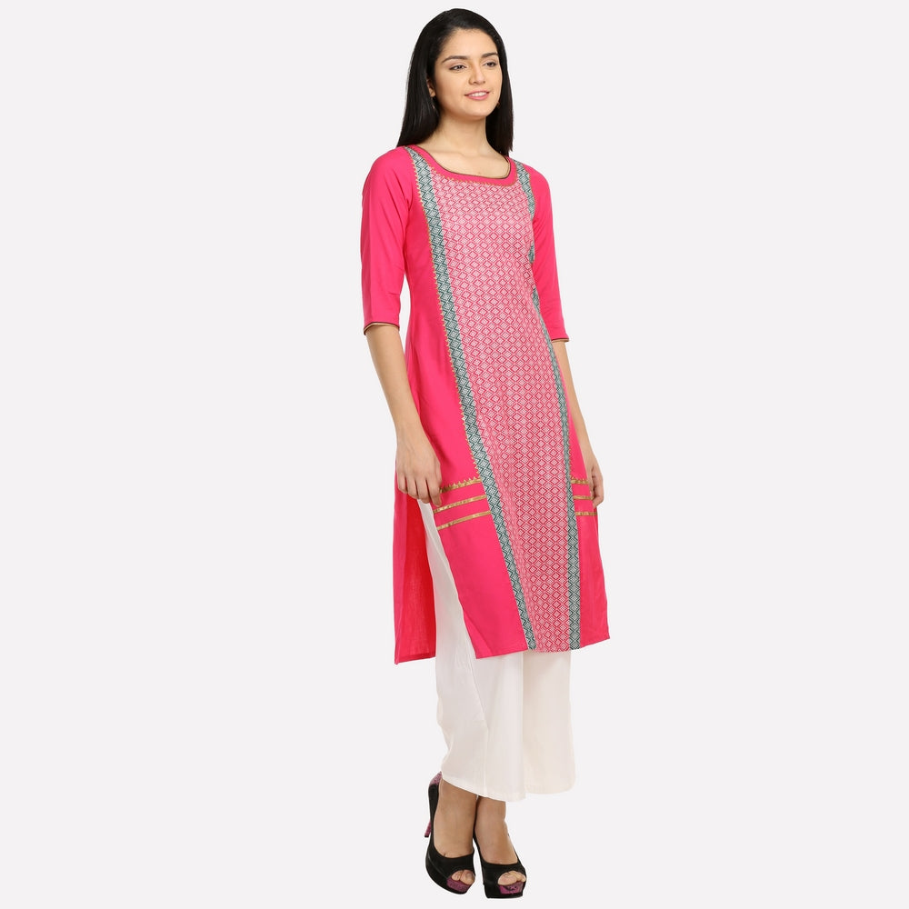 Pink Printed Round Neck 3/4 Sleeves kurta