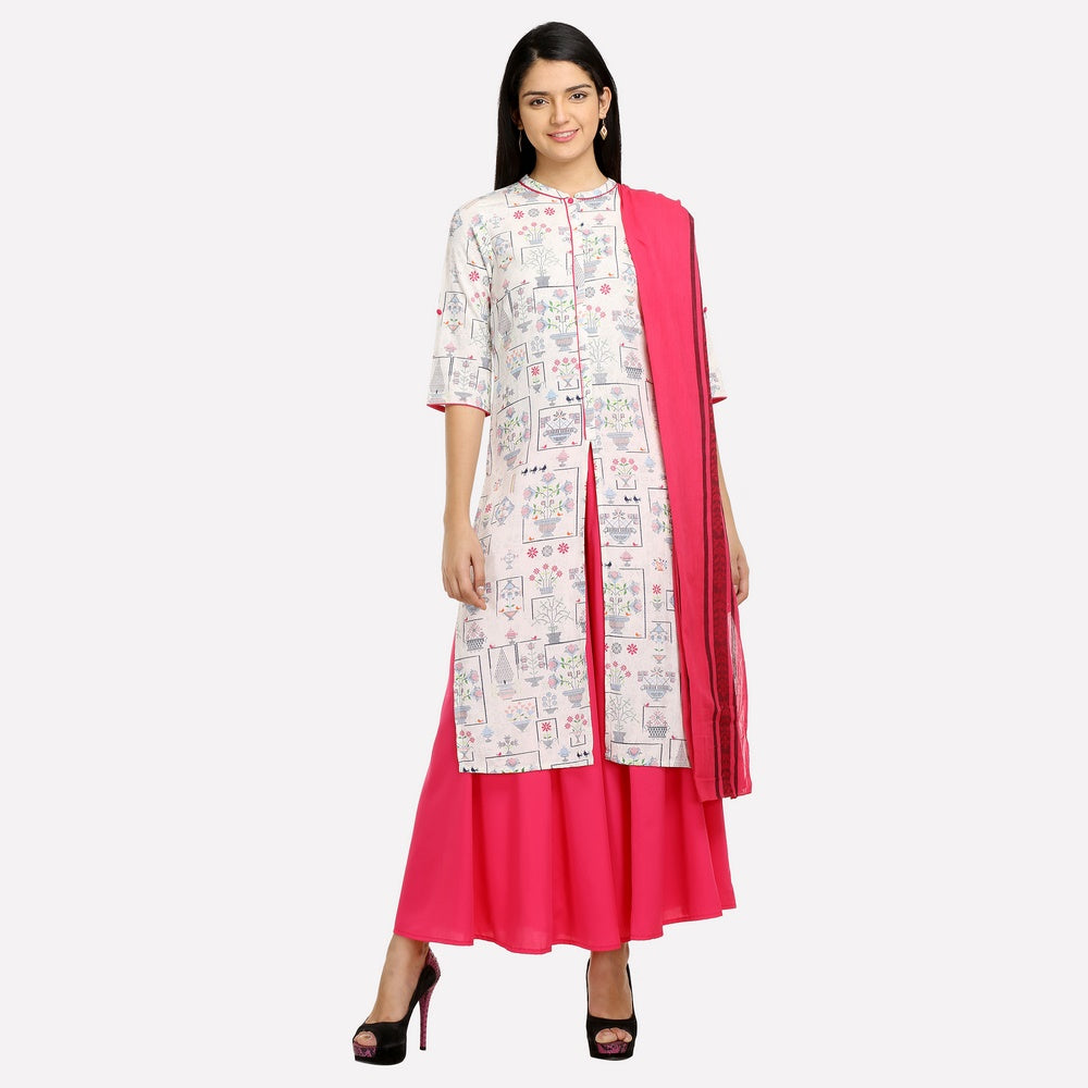 Off-White Printed Mandarin Neck 3/4 Sleeves kurta