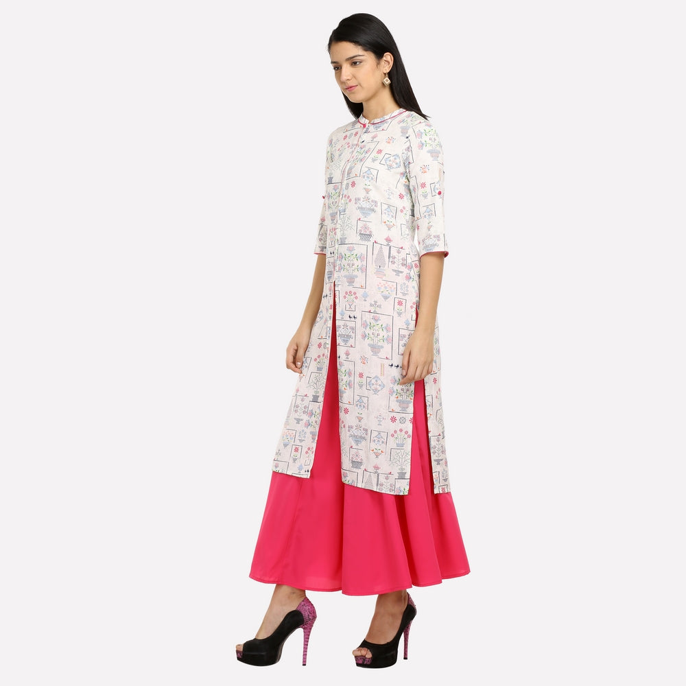 Off-White Printed Mandarin Neck 3/4 Sleeves kurta