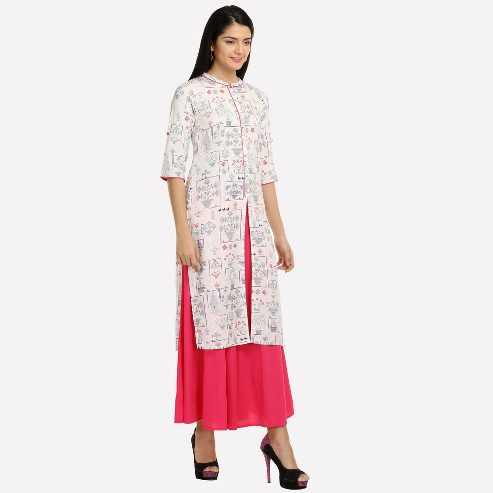 Off-White Printed Mandarin Neck 3/4 Sleeves kurta