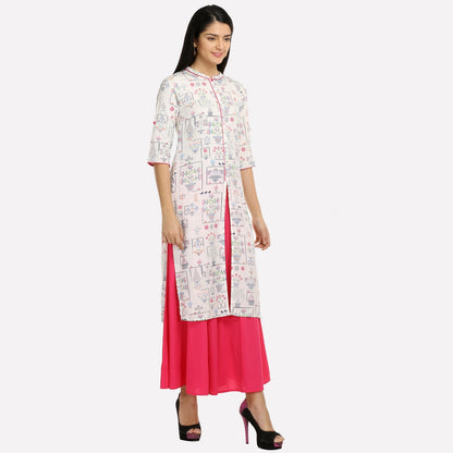 Off-White Printed Mandarin Neck 3/4 Sleeves kurta