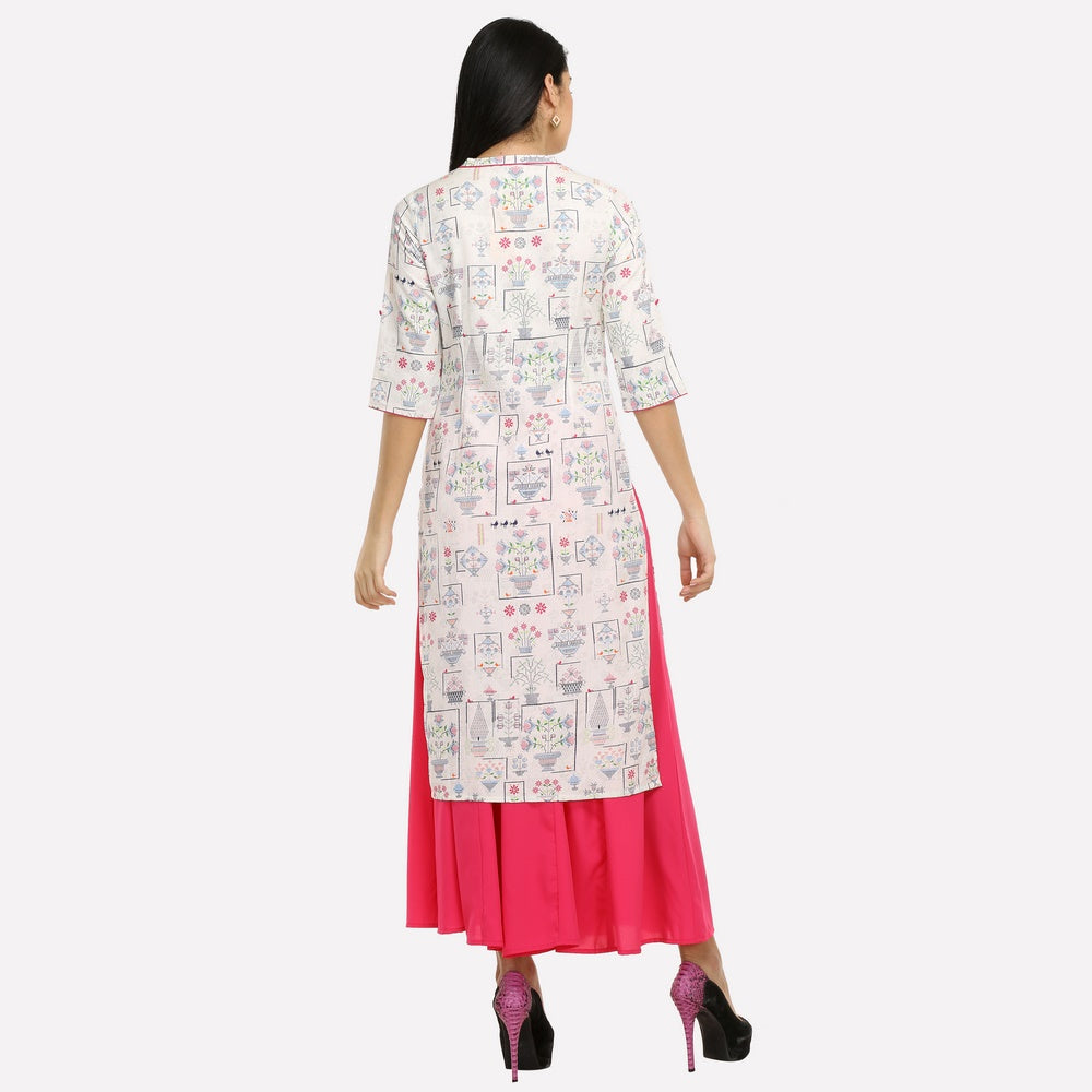 Off-White Printed Mandarin Neck 3/4 Sleeves kurta