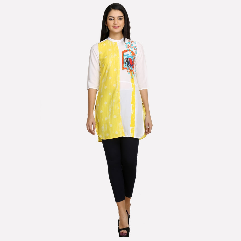 White &amp; Yellow Mandarin Neck Printed kurta