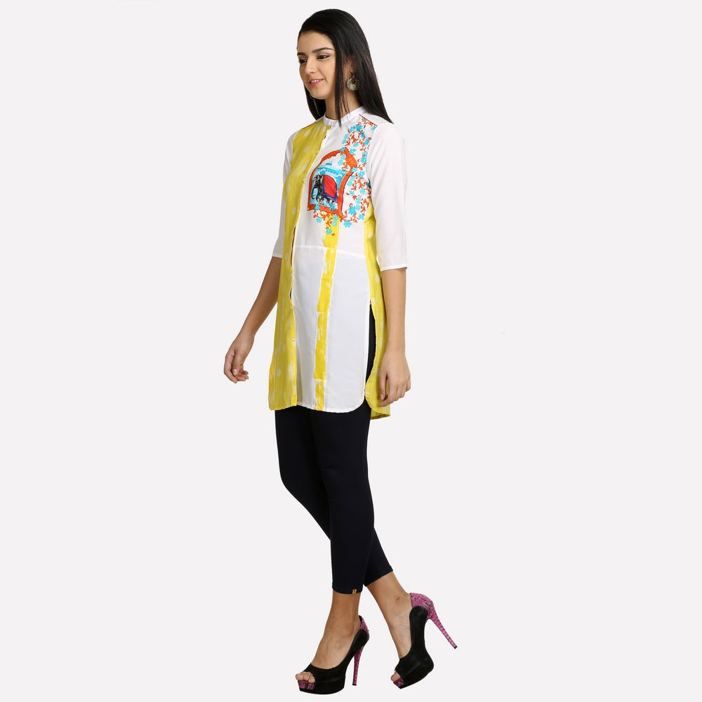 White &amp; Yellow Mandarin Neck Printed kurta