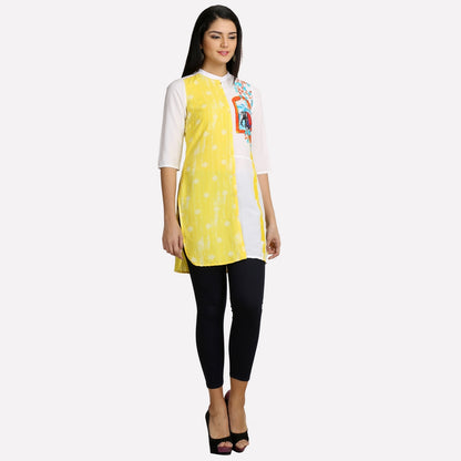 White &amp; Yellow Mandarin Neck Printed kurta