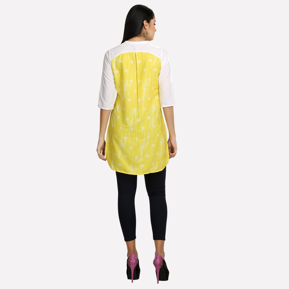 White &amp; Yellow Mandarin Neck Printed kurta