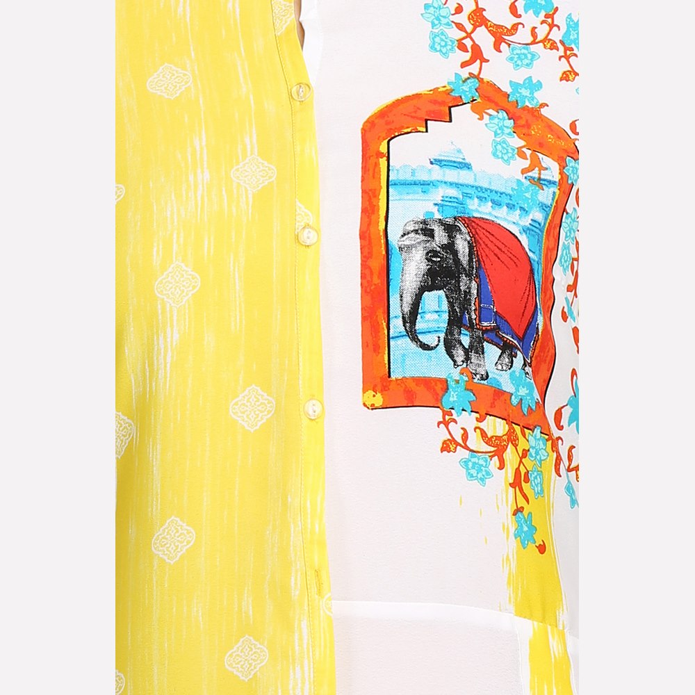 White &amp; Yellow Mandarin Neck Printed kurta