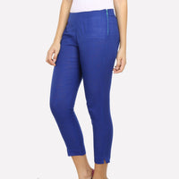 Blue Cropped Solid Trouser