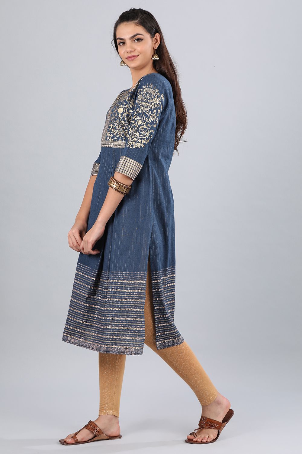 Blue Round Neck Printed kurta