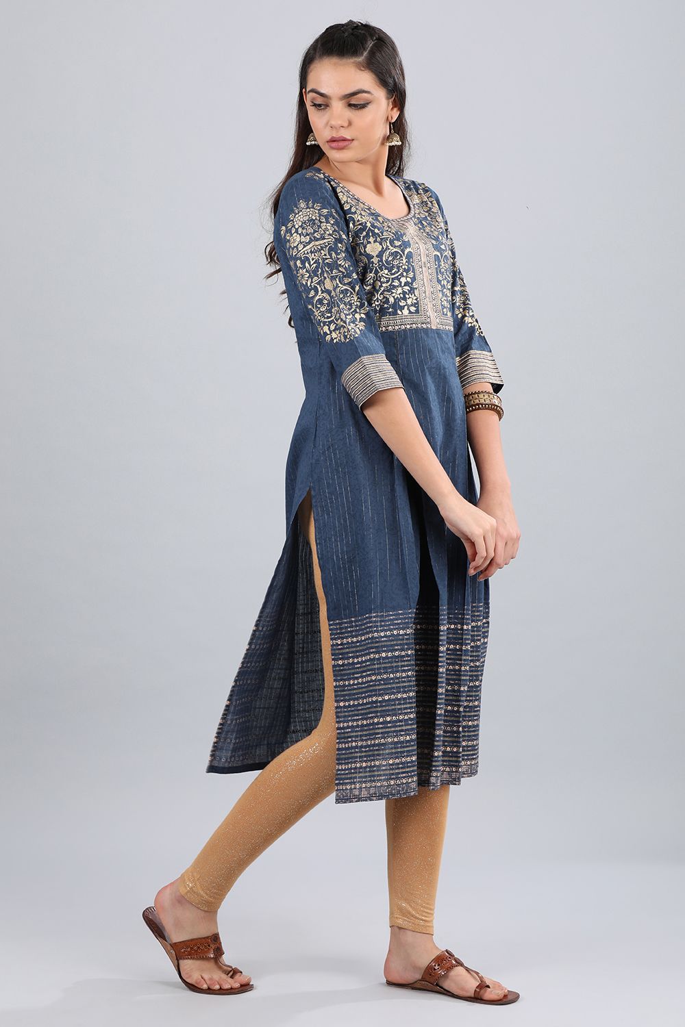 Blue Round Neck Printed kurta