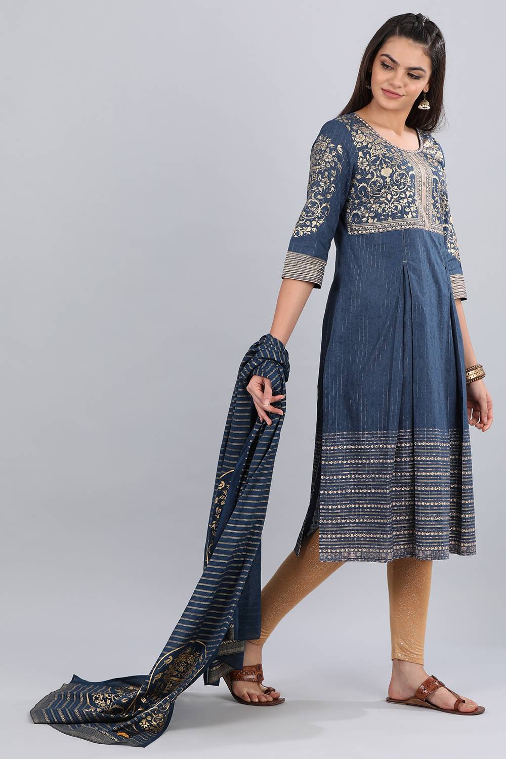 Blue Round Neck Printed kurta