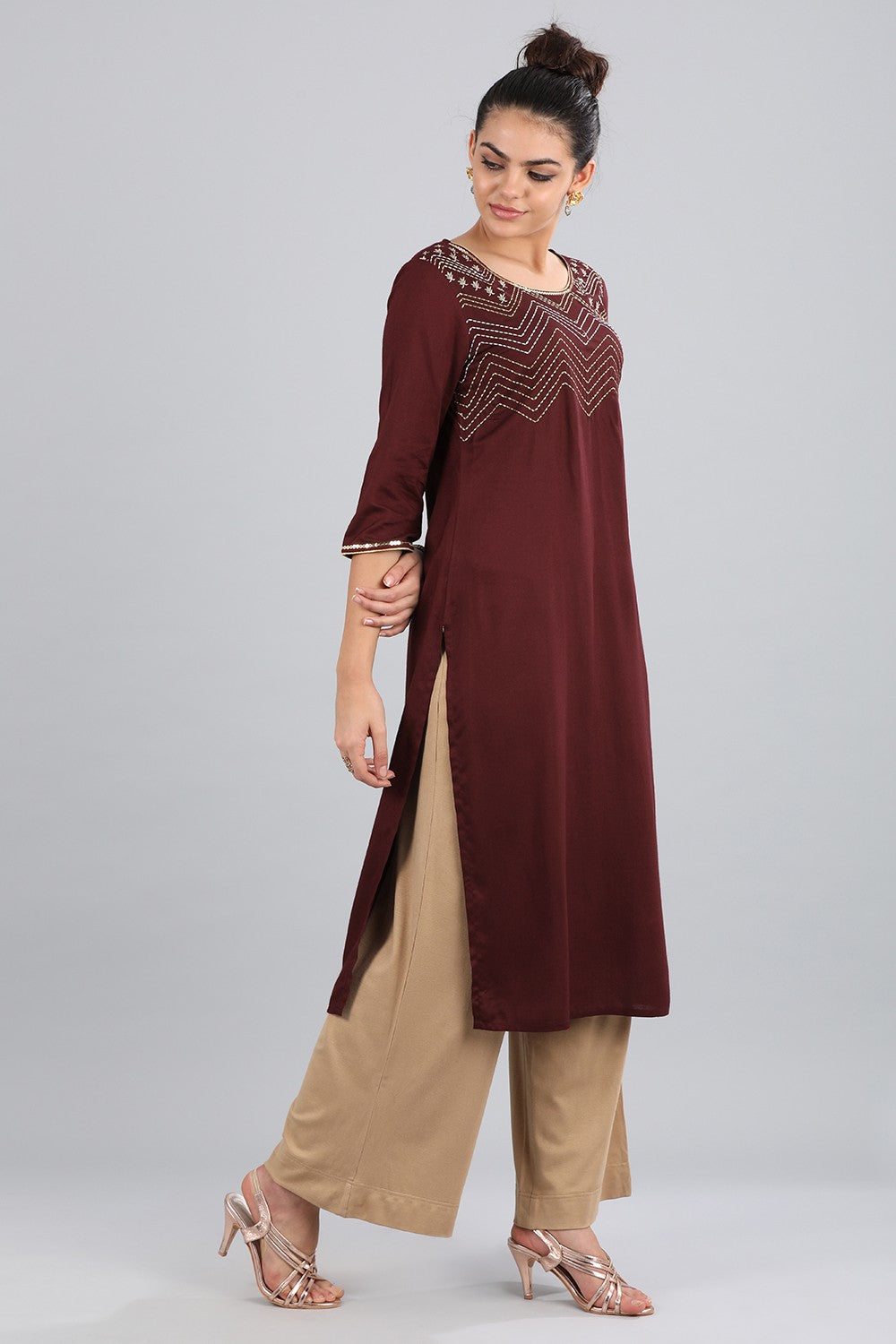 Red Round Neck Chevron Print kurta