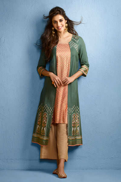 Green Round Neck Printed kurta
