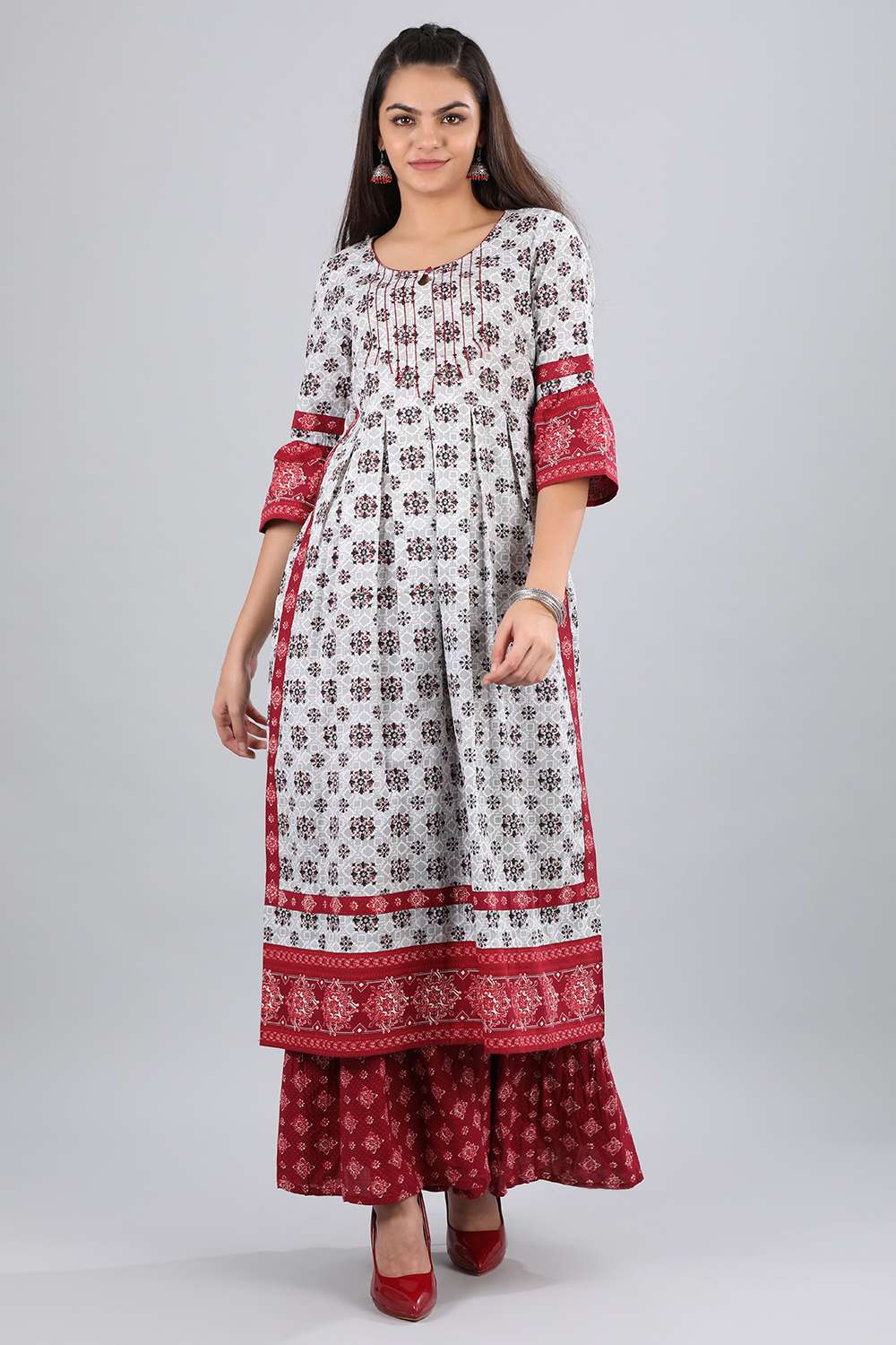 Grey Round Neck Printed kurta