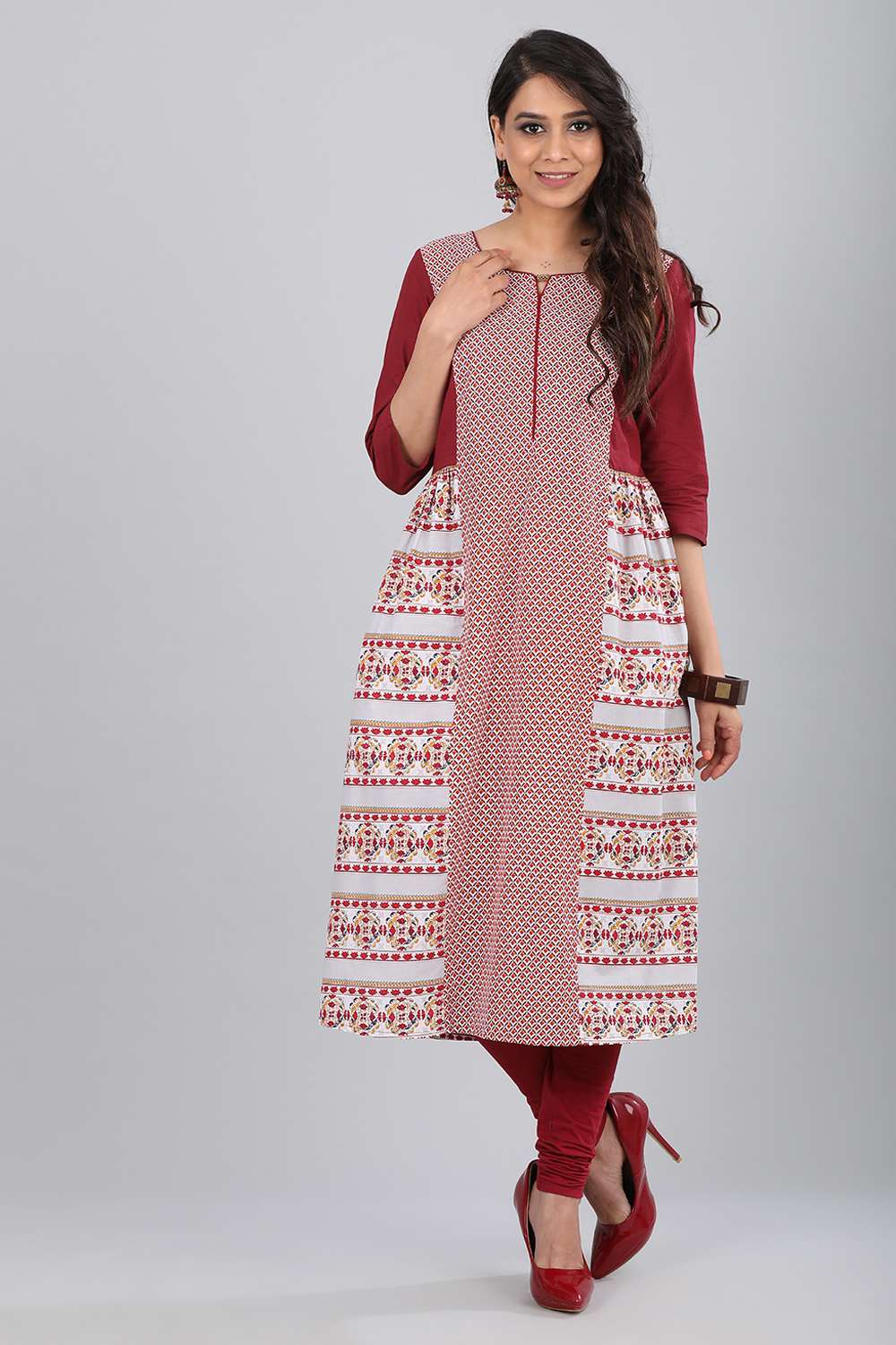 Maroon Round Neck Printed kurta