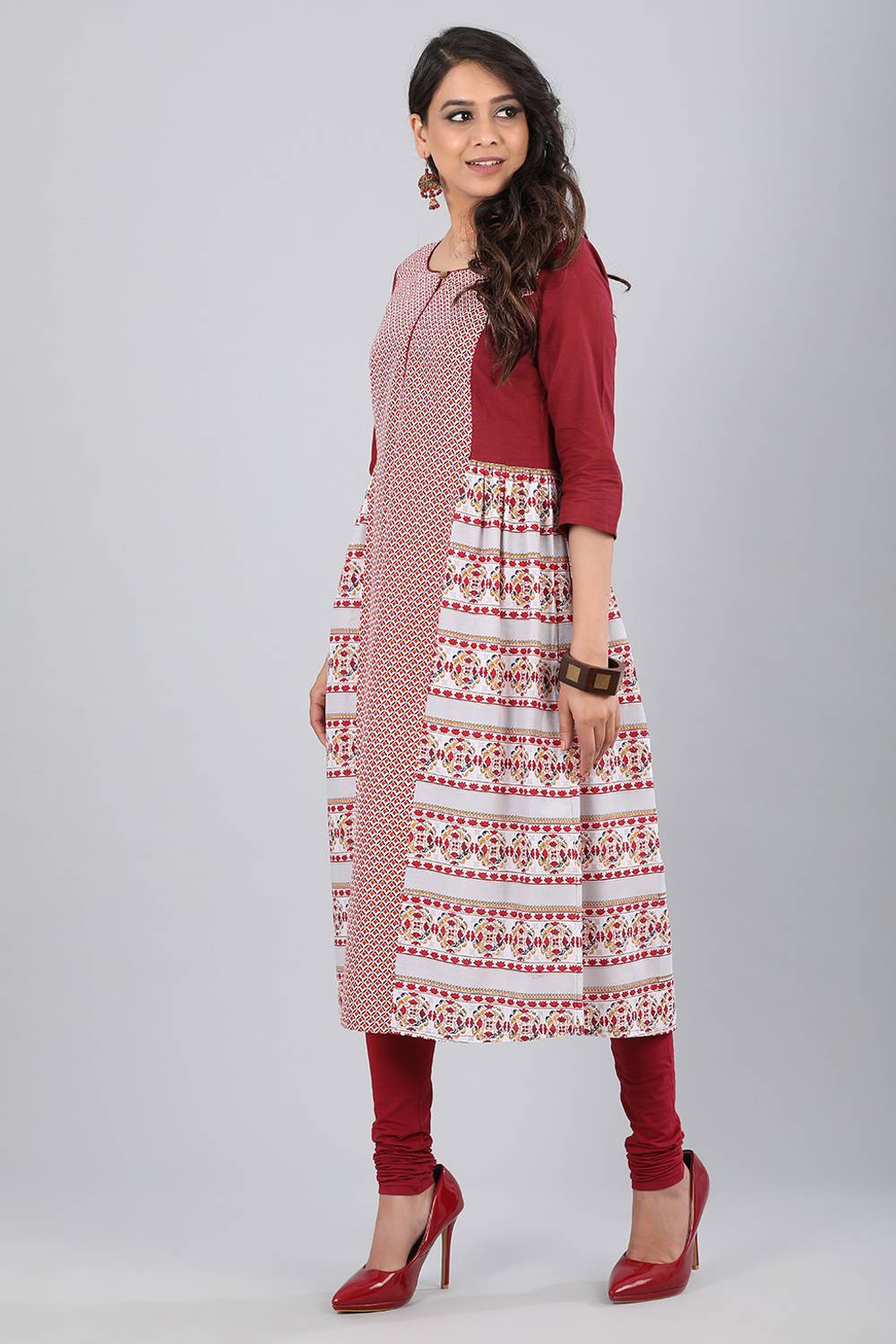 Maroon Round Neck Printed kurta