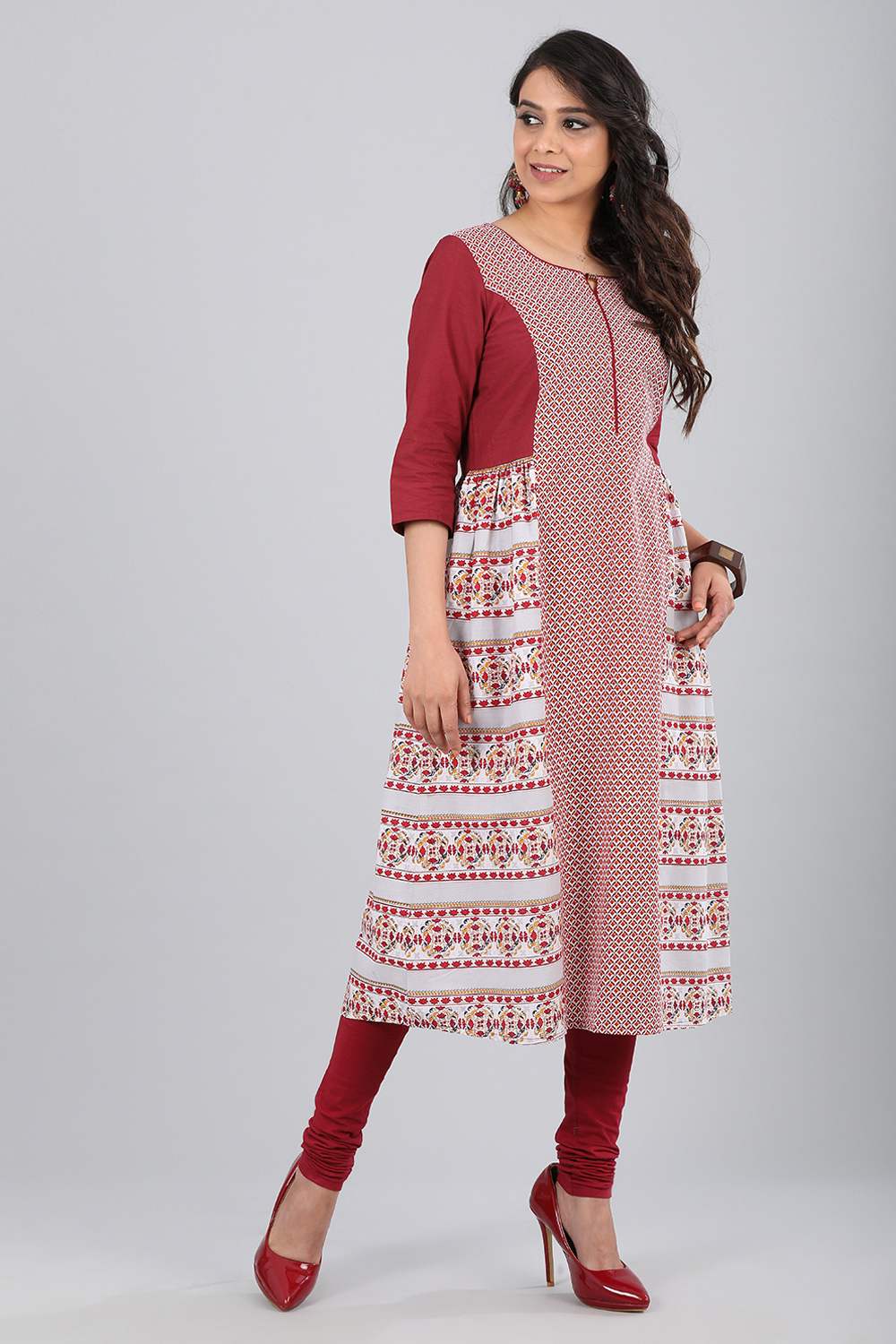 Maroon Round Neck Printed kurta