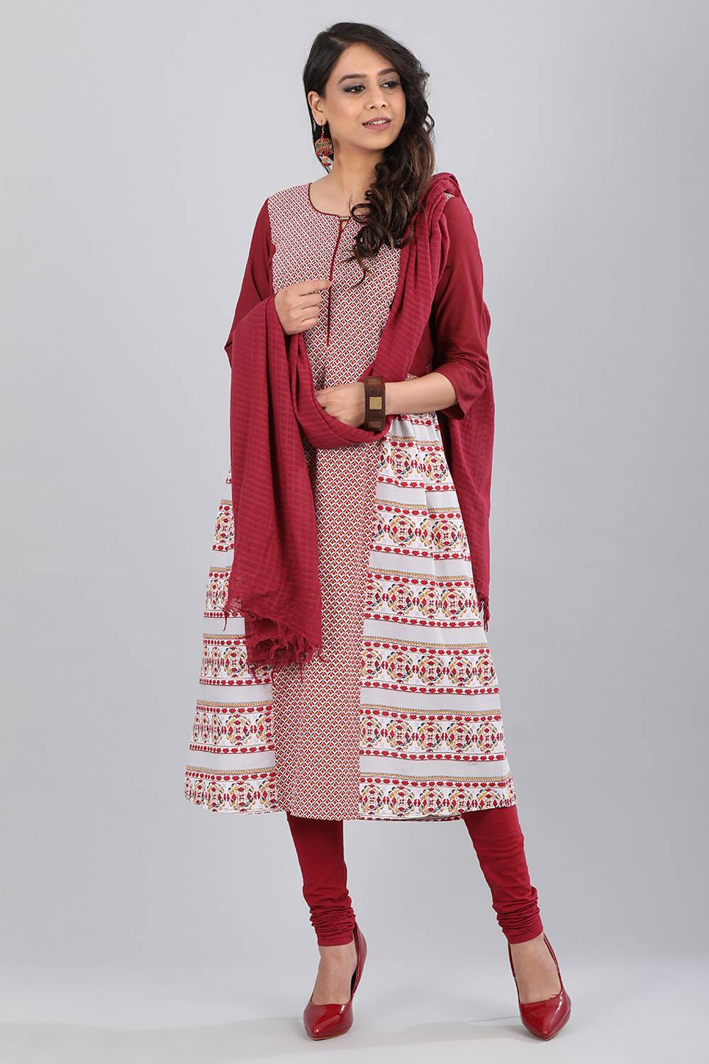 Maroon Round Neck Printed kurta