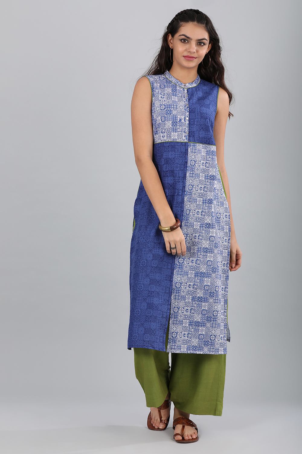 Blue Mandarin Neck Printed kurta