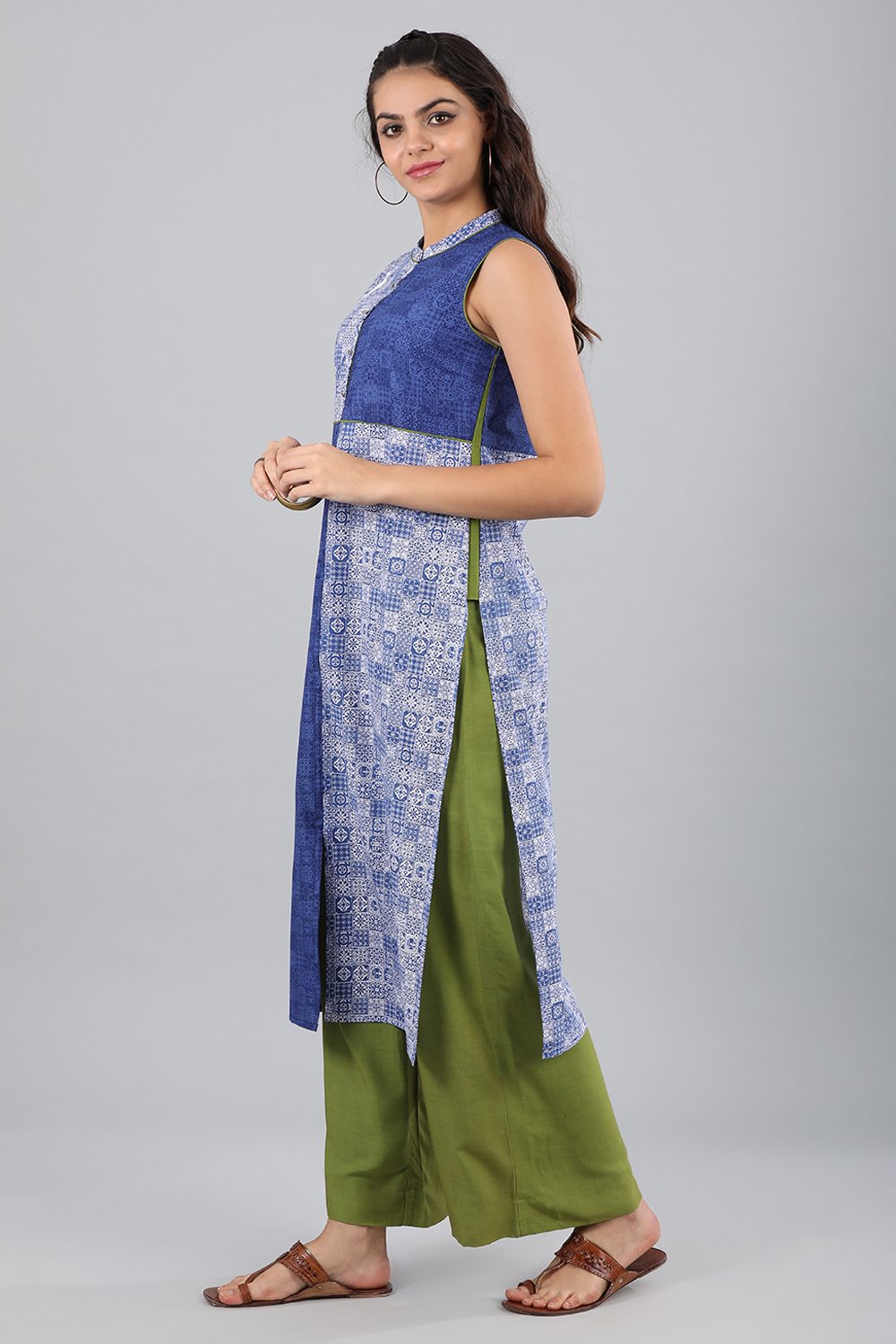 Blue Mandarin Neck Printed kurta