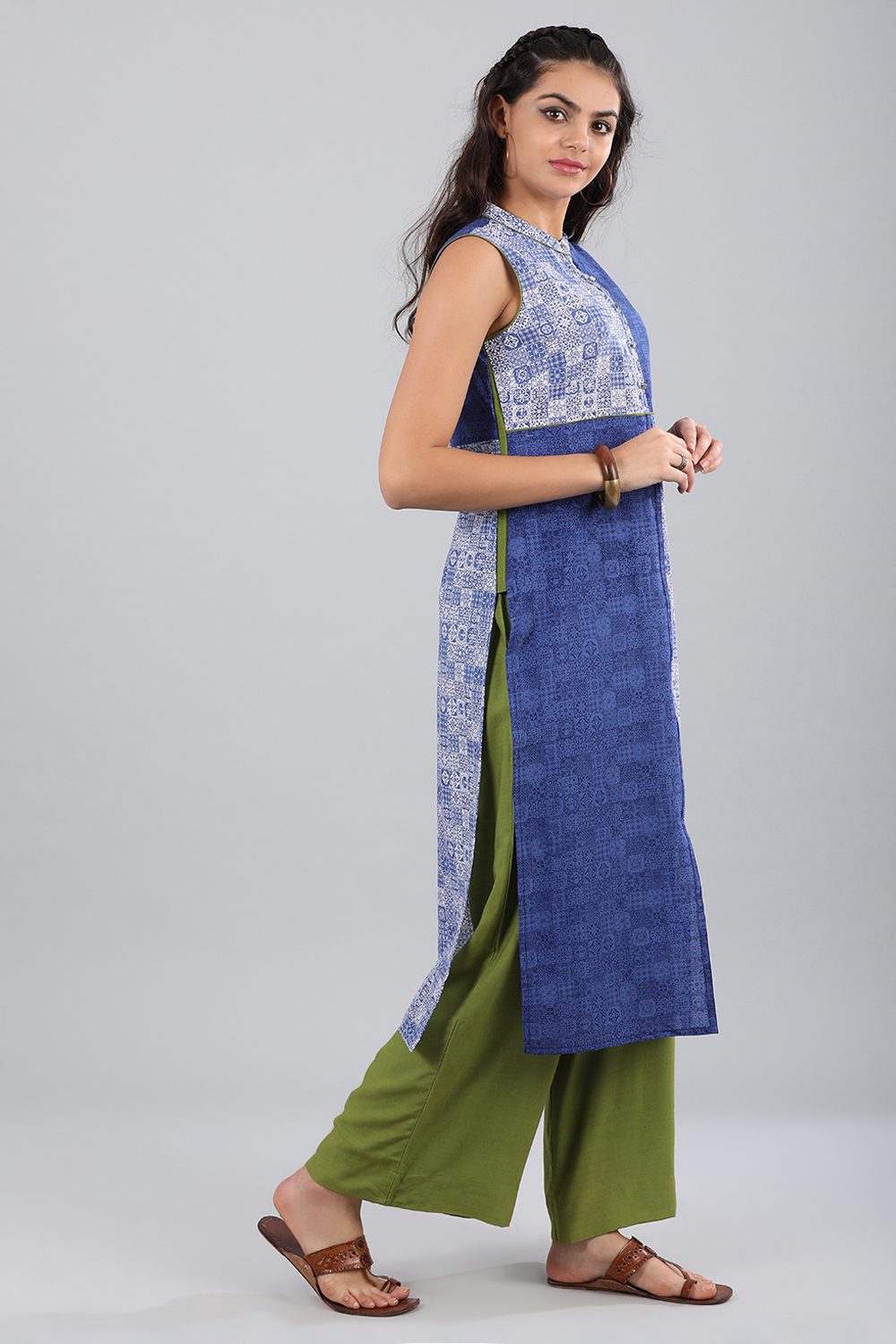 Blue Mandarin Neck Printed kurta