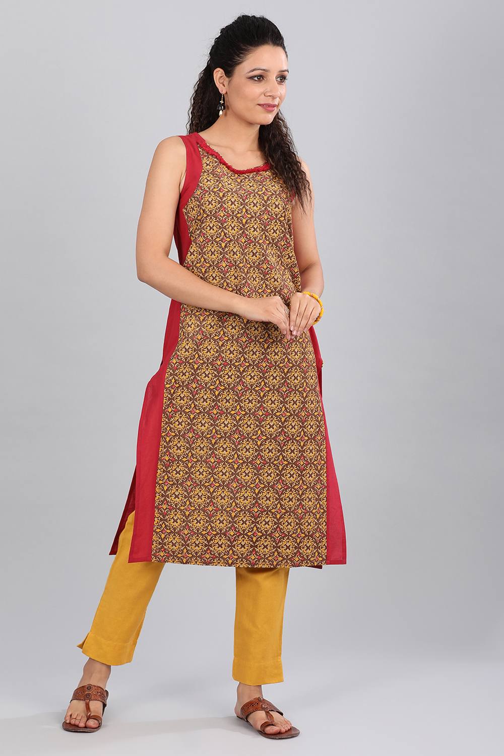 Brown Round Neck Printed kurta