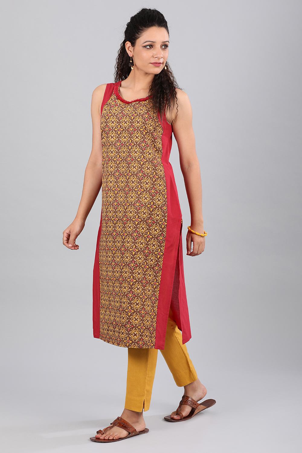 Brown Round Neck Printed kurta