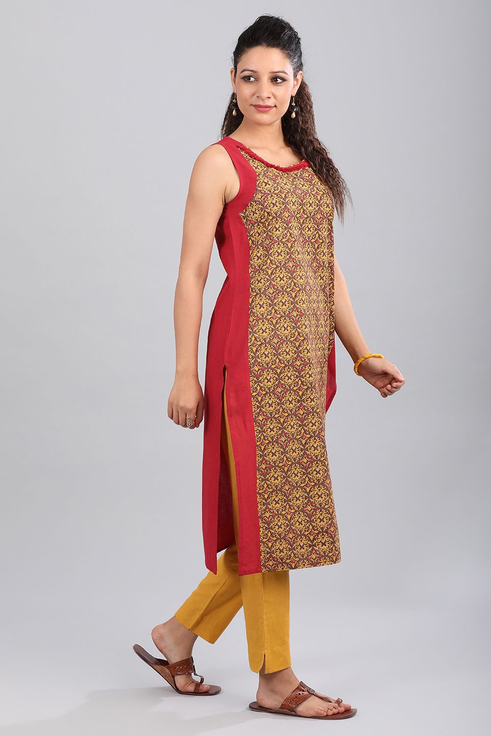 Brown Round Neck Printed kurta