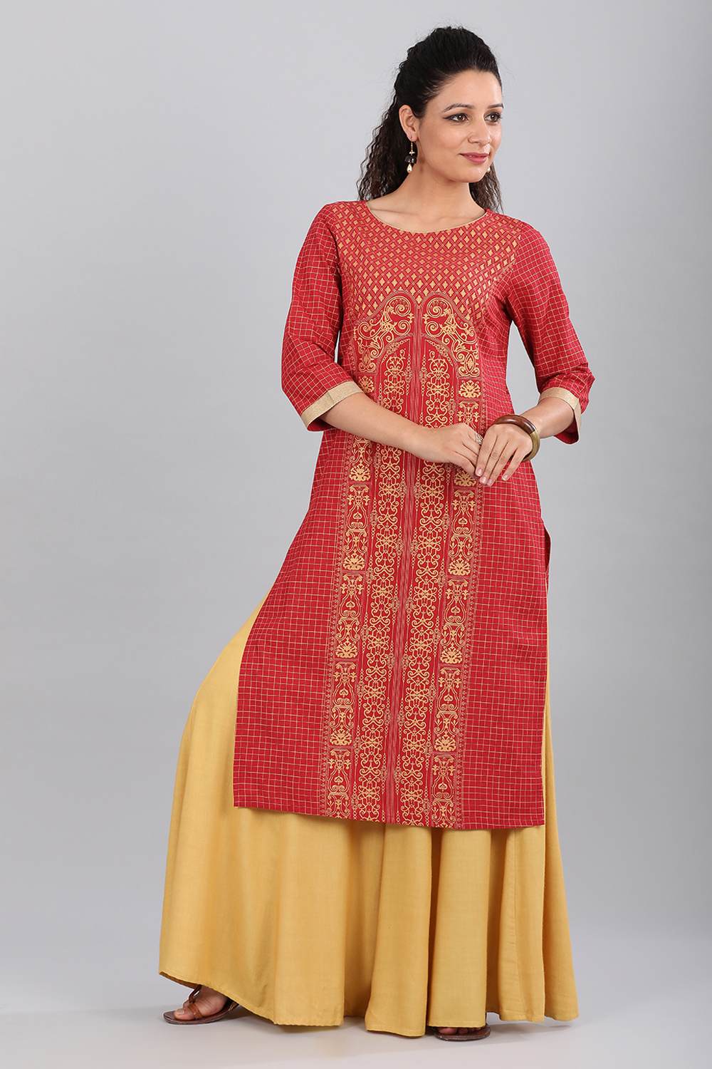 Red Round Neck Printed kurta